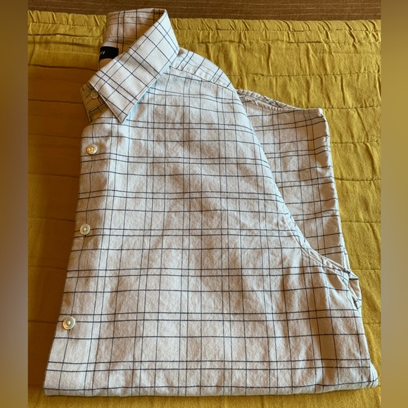 Men’s, Theory L-Sleeve Grid Pattern Shirt, Cream with Navy Stripe, Size L - Picture 6 of 7